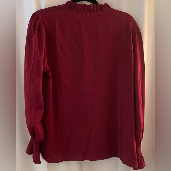 Women’s Red Blouse w/Ruffle Tie Collar & Elastic Smocked Long Sleeve; Size L - Picture 2 of 9